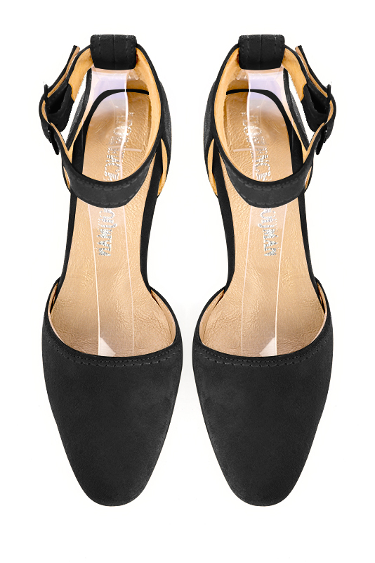 Matt black women's open side shoes, with a strap around the ankle. Round toe. Low flare heels. Top view - Florence KOOIJMAN